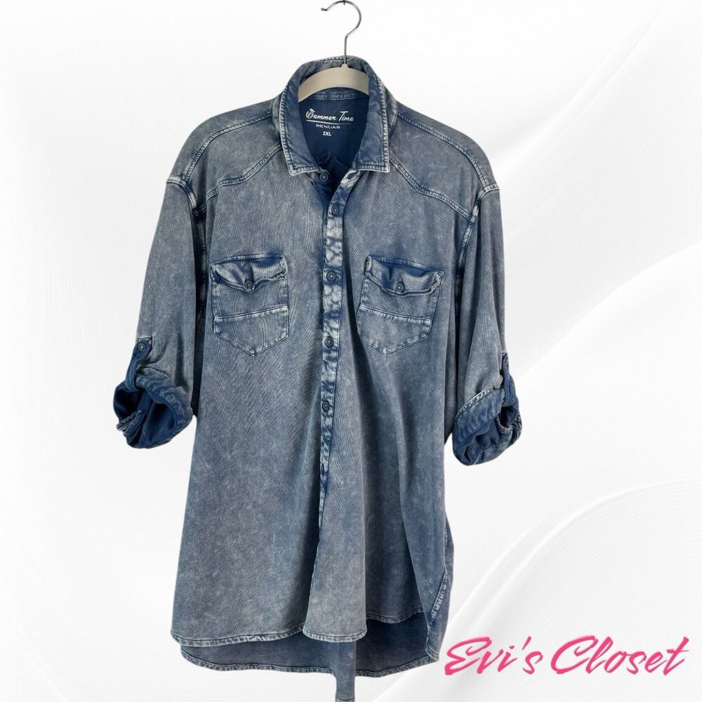 Summer Time Renoir Medium Blue Denim Distressed Button Up Shirt Sz XXL
